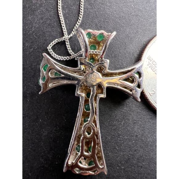 Emerald and zircon sterling silver cross pendant with 20 inch chain - Picture 6 of 12